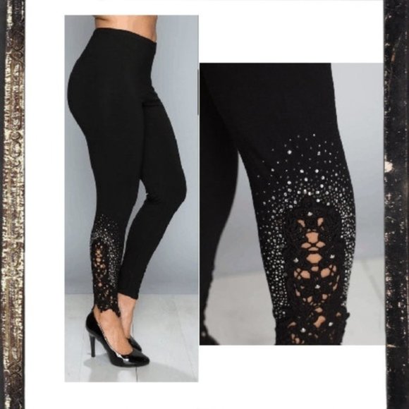 NEW BLACK LACE RHINESTONE VOCAL  LACE LEGGINGS - Picture 1 of 5